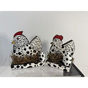 Hand Painted Wooden Chickens Cottage Core Granny's Kitchen Set Of 2 EUC